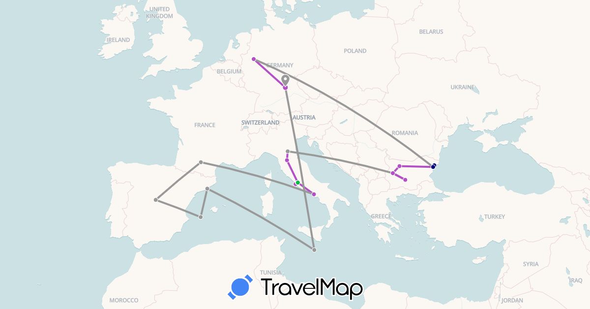 TravelMap itinerary: driving, bus, plane, train in Bulgaria, Germany, Spain, France, Italy, Malta, Vatican City (Europe)