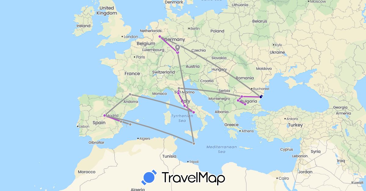 TravelMap itinerary: driving, plane, train in Bulgaria, Germany, Spain, France, Italy, Malta (Europe)